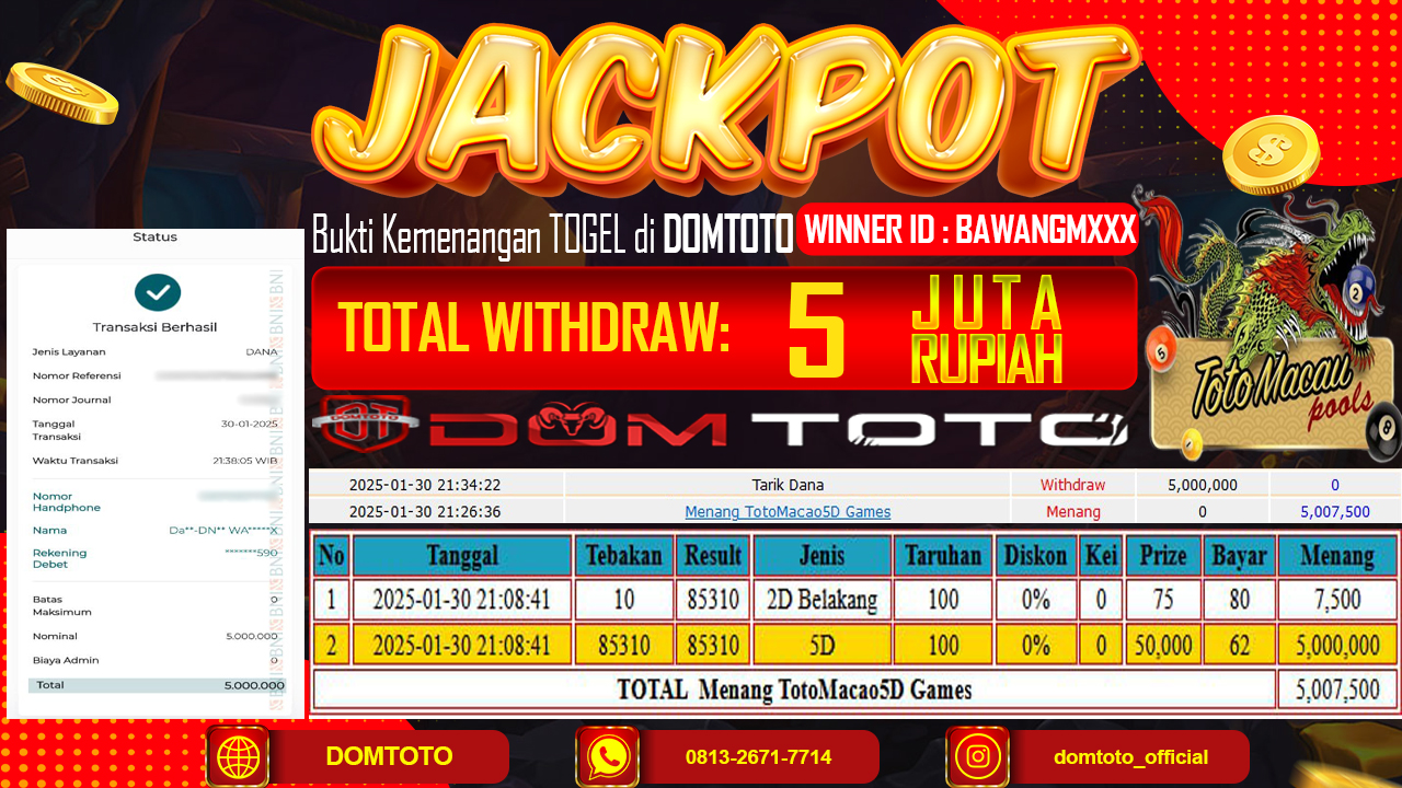 JACKPOT TOGEL TOTOMACAU 5D 30 JANUARI 2025